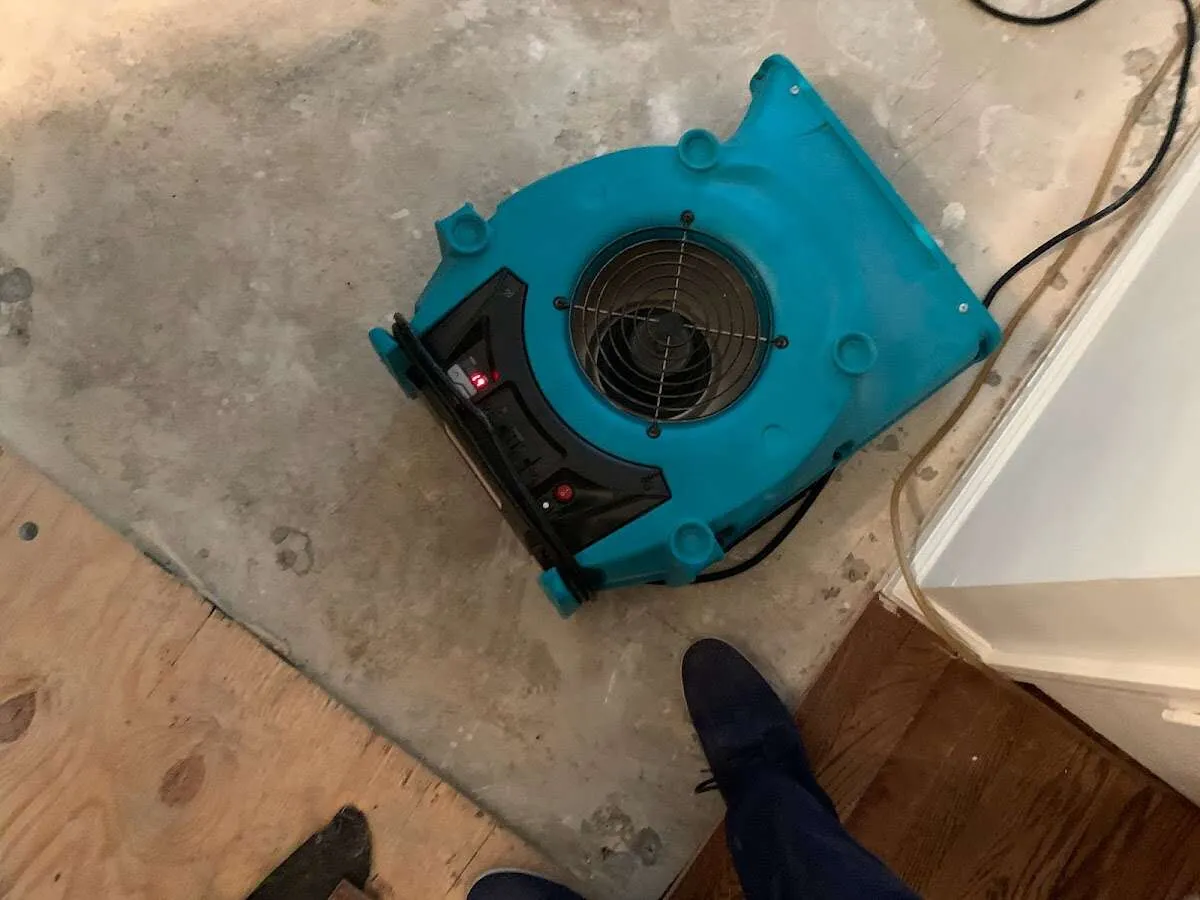 Air mover drying subfloor during Commercial Water Damage Restoration in Marcy